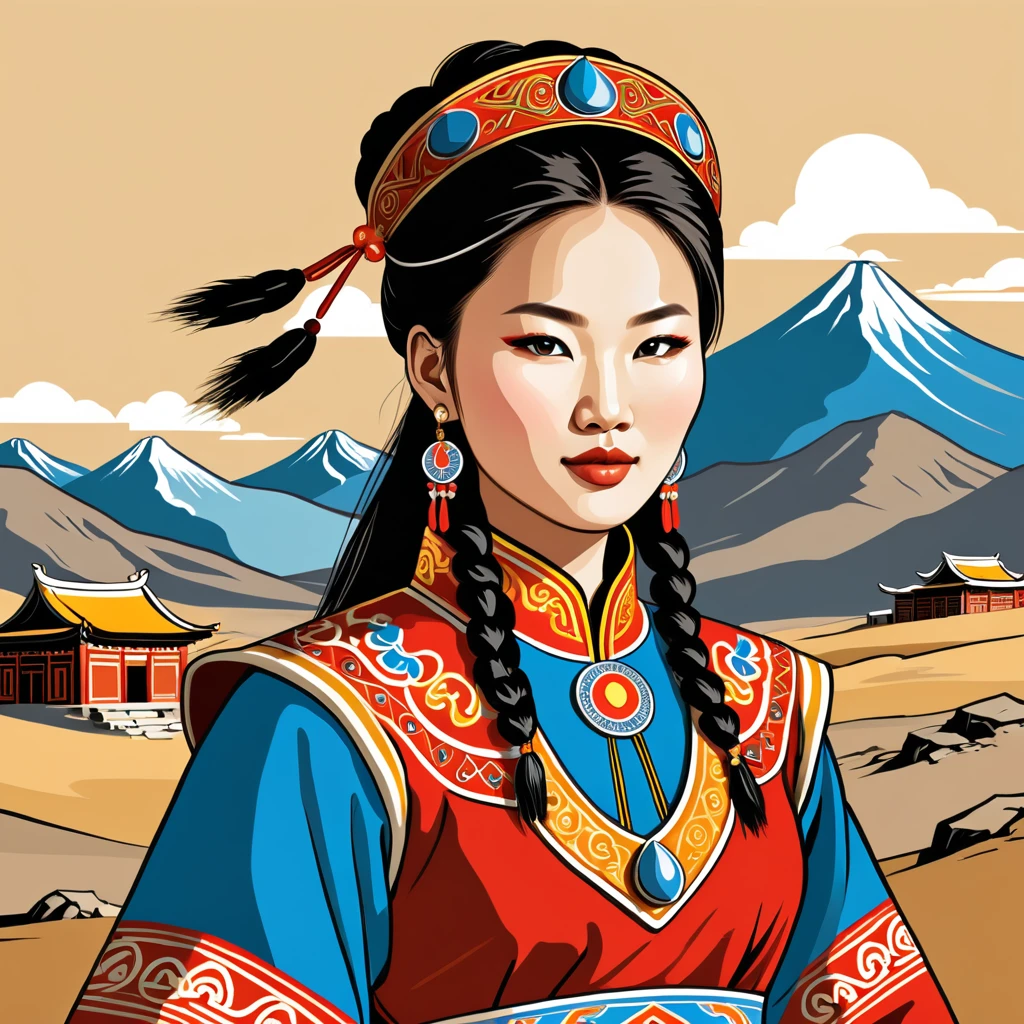 woman in mongolia folk outfit, vector graphics, strong contours