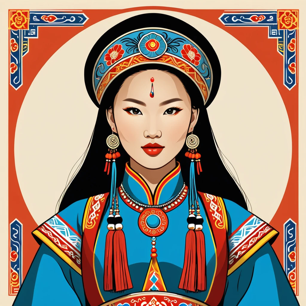 woman in mongolia folk outfit, vector graphics, strong contours
