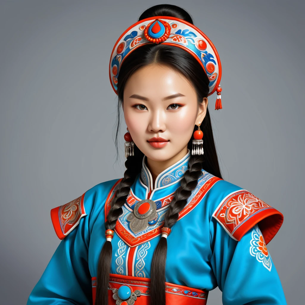 woman in mongolia folk outfit, vector graphics, strong contours
