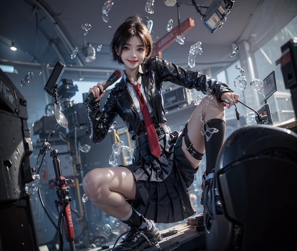 Close-up shot of short-haired age girl posing,Smiling emoticon,Wear an ultra-short pleated skirt