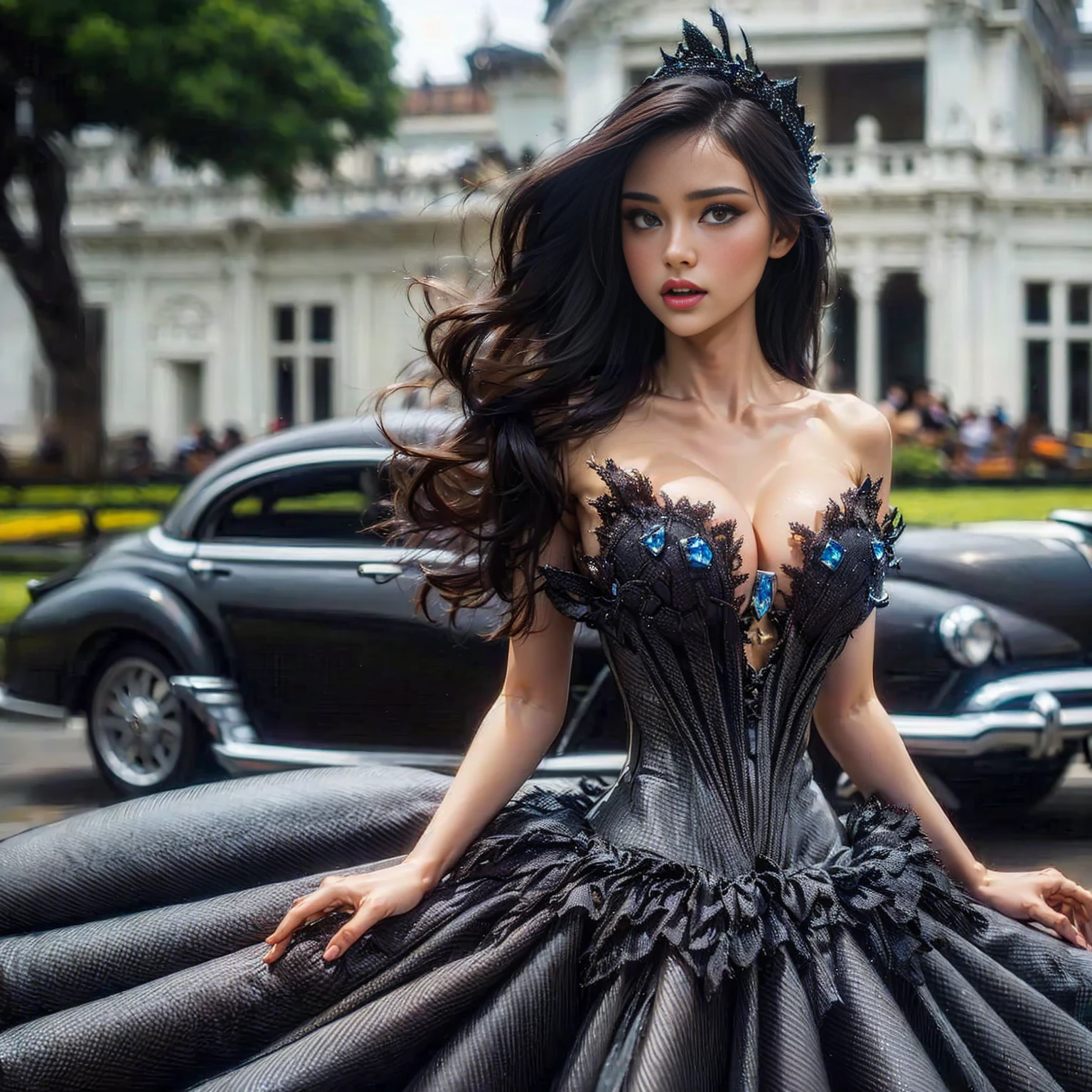 (Ultra HDR) (cinematic effect) Photo of an asian woman with long hair flowing in the wind, wearing a black batik patterned costume, a V-cut strapless corset style batik dress made of carbon patterned satin, a very narrow and stiff V-cut waist decorated with blue jewels, a luxurious long skirt, looks beautiful and stunning, very realistic and detailed, with a royal palace in the background, sitting on a swing, behind it is a black classic car. hyper realistic, hyper detail clothing, Detailed gemstones, masterpiece, best quality:1.2),,(8k,highres,RAW photo,realistic,photo-realistic:1.3),(detailed skin texture,detailed cloth texture, beautiful detailed face:1.25),professional lighting,photon mapping,beautiful soft light,radiosity,physically-based rendering,raytracing, model shoot style, model shoot style, (extremely detailed CG unity 8k wallpaper), full shot body photo of the most beautiful artwork in the world (NSFW), (Nude), (Naked),  (pussy) (small pussy) (tight pussy) (carbon fiber corset) (veiny breast) (steampunk corset) 