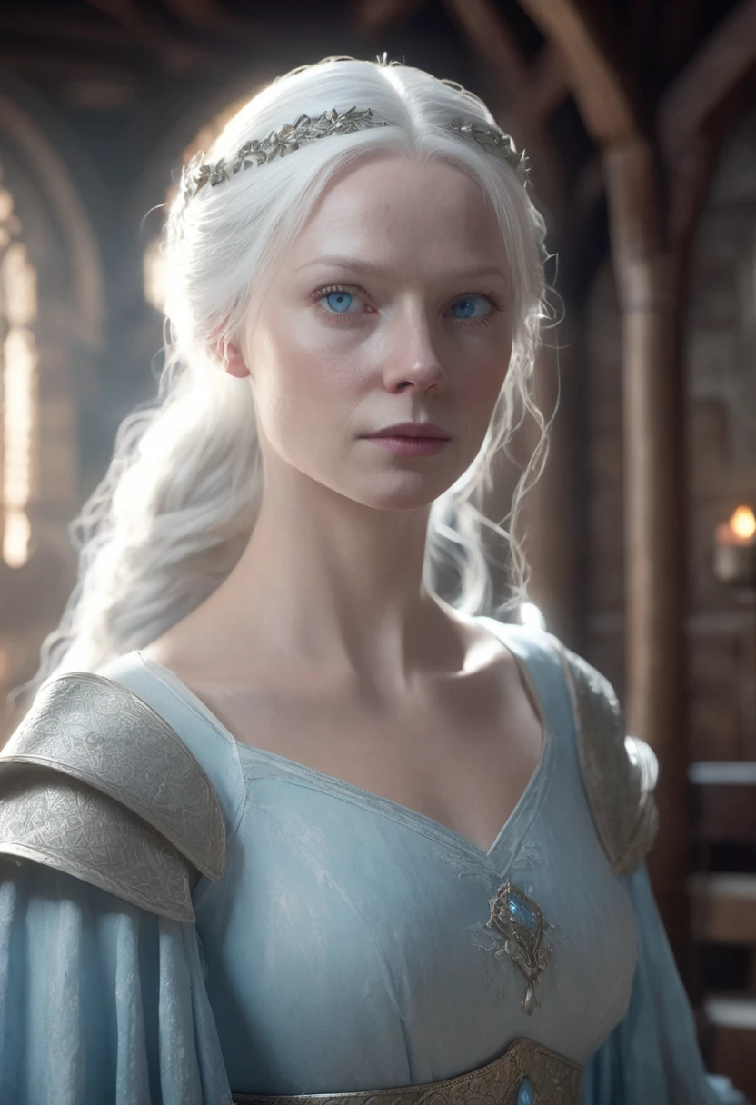 1 woman, inside a medieval room with light ice colors, wearing a light blue dress, detailed facial features, female blue eyes, detailed white skin, white hair, white eyebrows, albino woman, dramatic lighting, cinematic composition, light palette, light colors, atmospheric haze, thin chin, soft face, serious face, strong and beautiful woman, adult woman, ultra realistic, profile picture, adult woman (best quality, 4K, 8K, high resolution, art: 1.2), ultra detailed (realistic, photorealistic, photorealistic: 1.37)