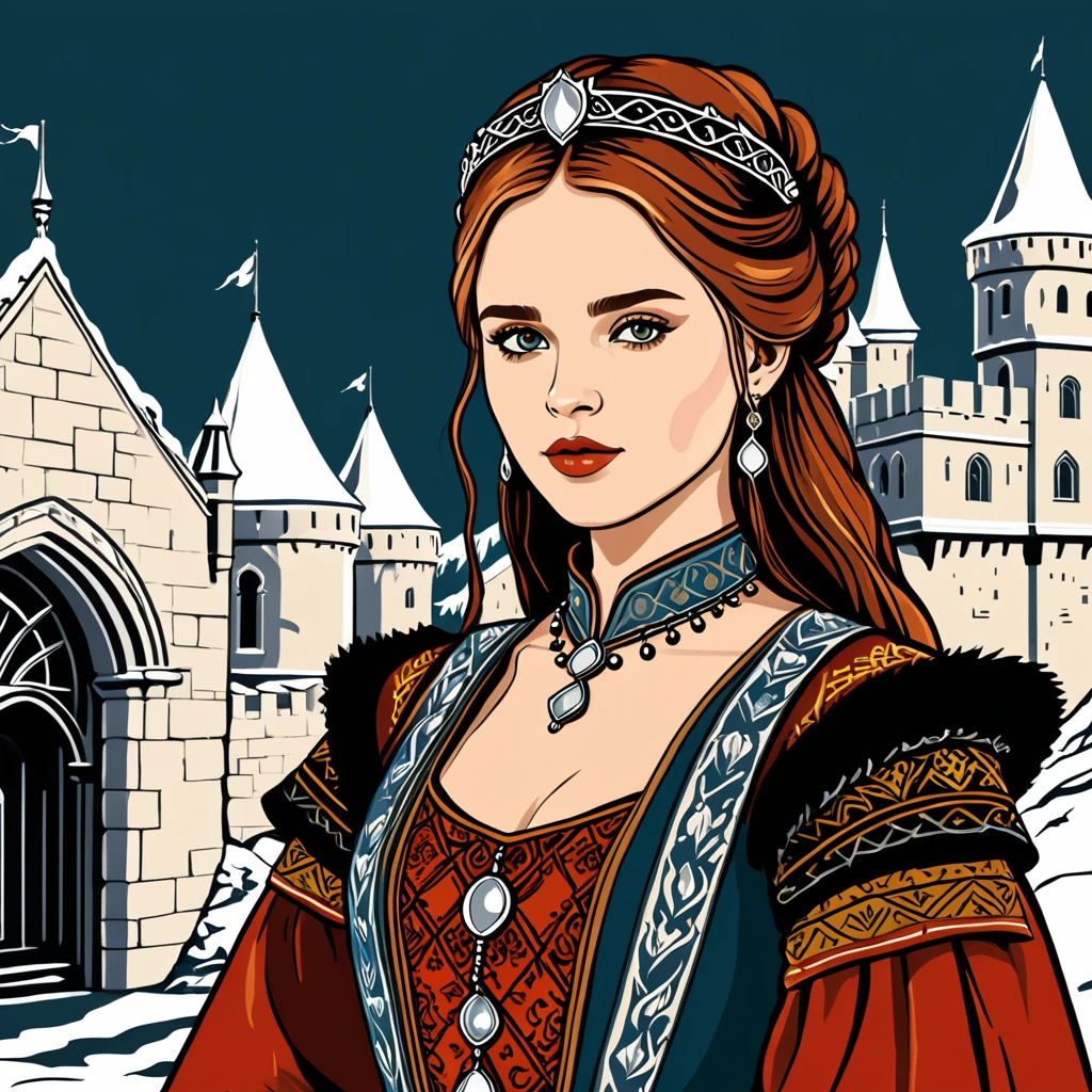 woman in westeros folk outfit, vector graphics, strong contours
