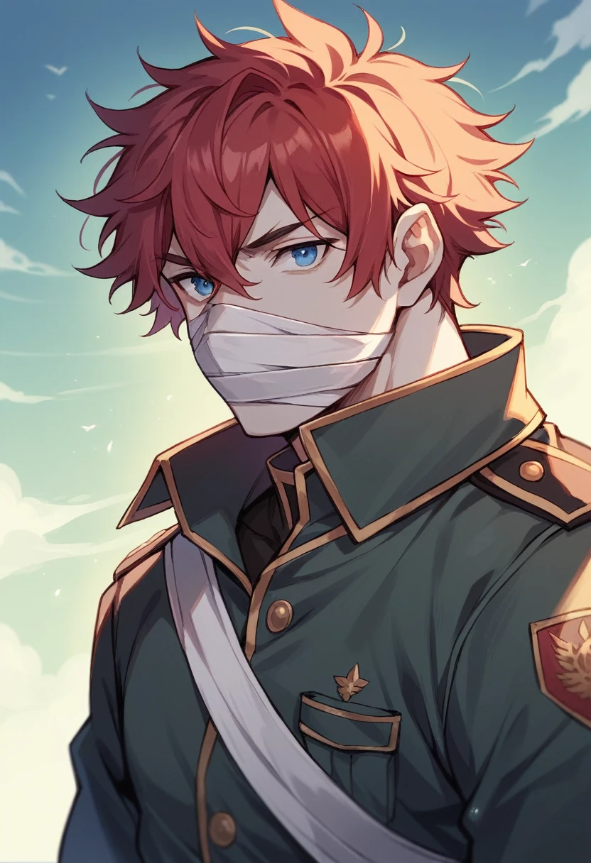 A boy who has white and messy hair, with pointed red locks that rise in different directions. your white skin sensitive to the sun, was hairless, big sky blue eyes, He has a mask that covers the lower part of his face, including your nose and mouth, and has muscle definition, He has bandages that cover both forearms of his arms, high, with a large build he measures 1.94cm, He is dressed in a military uniform.