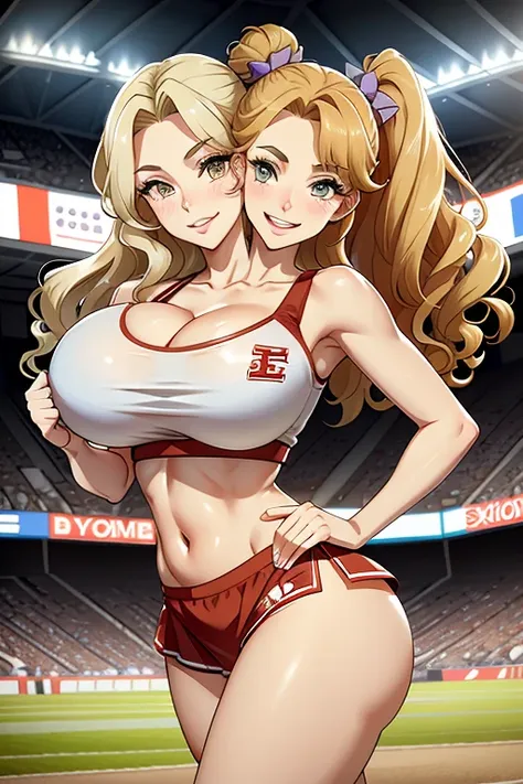 2heads, a tall woman with 2 heads. she is at a sports stadium. she is wearing a skimpy cheerleader outfit. cleavage. she has lon...