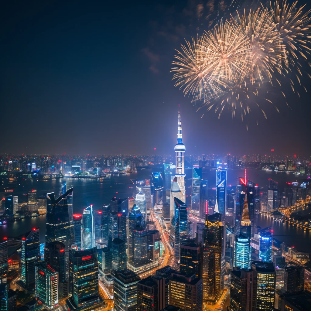 Shanghai city with fireworks at night, high resolution, 8k hd, watermark smooth, tower higher can look small people stand to look with firework binoculars, image big resolution 4Mb + data,