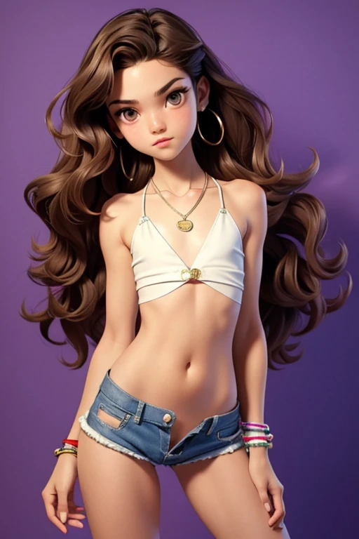 1girl,sfw, long wavy hair, (skinny body),((flat chest like a boy:1.2)), loose cropped top and mini shorts, bracelets, necklaces, posing, hot summer, Miami vibes. 13 years old