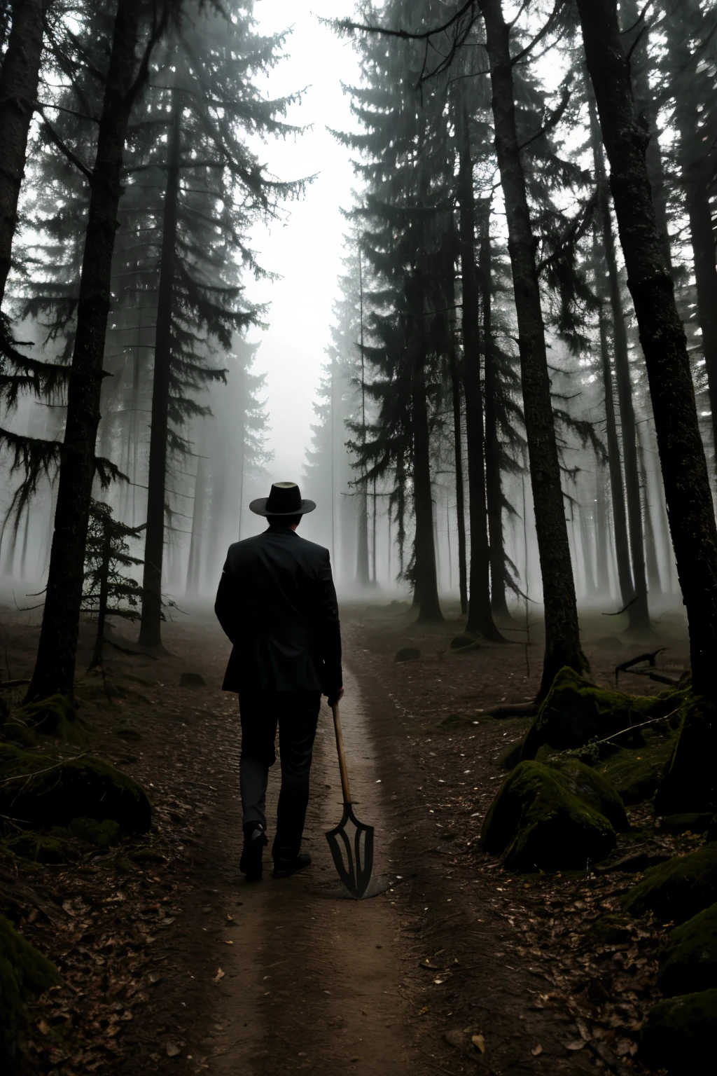 (in the foreground a macabre man behind chasing a dark forest at night with an ax
