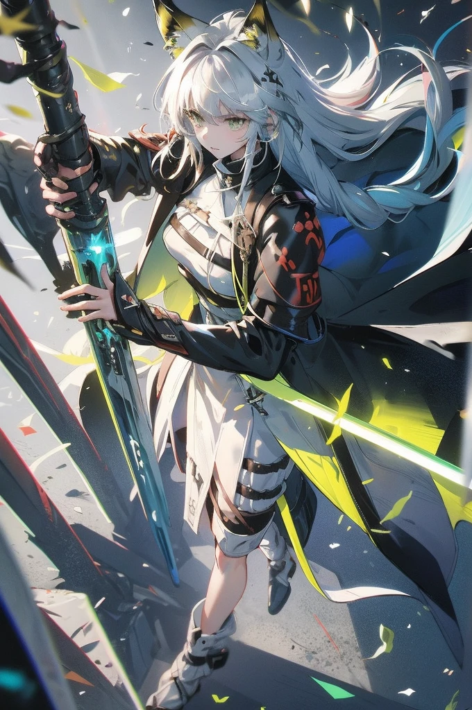 anime girl with white hair and green dress standing in the dark,kal'tsit, kal'tsit from arknights, from the arknights videogame, oneesan, kal'tsit oneesan, fox ear, green eyes,from arknights, fine details, arknights, arknights style, arknights cg, kantai collection style, arknights style, main character, medic girl, arknights, official character art, arknights universe, kal'tsit doctor uniform
