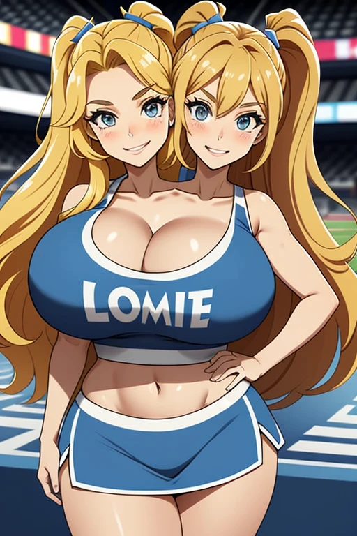 2heads, a tall woman with 2 heads. She is at a sports stadium. She is wearing a skimpy cheerleader outfit. Cleavage. She has long curly blonde hair in ponytails. She is cheerleading, holding pom-poms. Doing cheer performance. She is very tall and mature. She is happy and smiling. Motherly, milf. Enormous fat breasts, gigantic breasts.