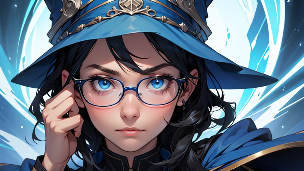 4k ultra high quality, human woman, sharp blue eyes, round face, small slightly upturned nose, curious expression, shoulder length blue-black hair, wearing modest blue dress, wearing an oversized blue wizard hat with a big very large rim fully visible in the image, wearing spectacles