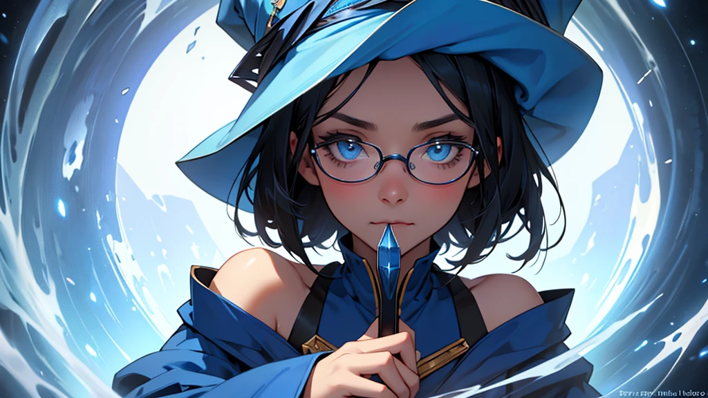 4k ultra high quality, human woman, sharp blue eyes, round face, small slightly upturned nose, curious expression, shoulder length blue-black hair, wearing modest blue dress, wearing an oversized blue wizard hat with a big very large rim fully visible in the image, wearing spectacles