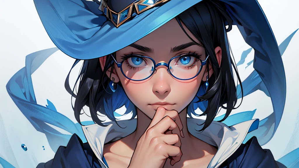 4k ultra high quality, human woman, sharp blue eyes, round face, small slightly upturned nose, curious expression, shoulder length blue-black hair, wearing modest blue dress, wearing an oversized blue wizard hat with a big very large rim fully visible in the image, wearing spectacles