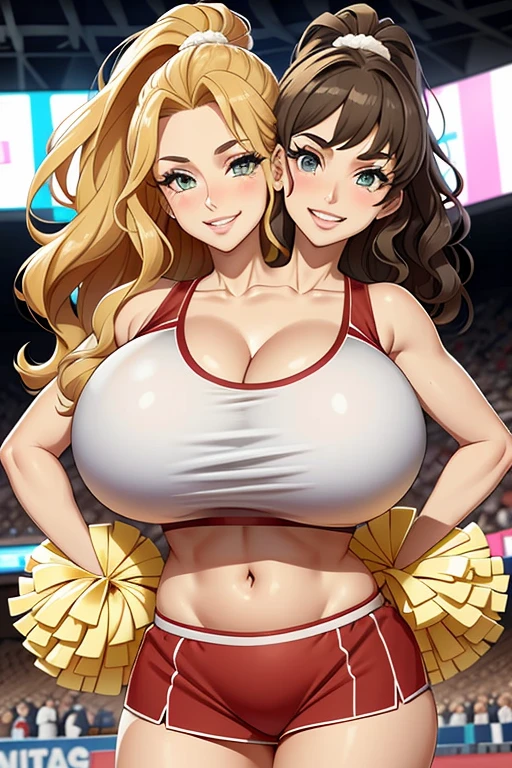 2heads, a tall woman with 2 heads. She is at a sports stadium. She is wearing a skimpy cheerleader outfit. Cleavage. She has long curly blonde hair in ponytails. She is cheerleading, holding pom-poms. Doing cheer performance. She is very tall and mature. She is happy and smiling. Motherly, milf. Enormous fat breasts, gigantic breasts. 