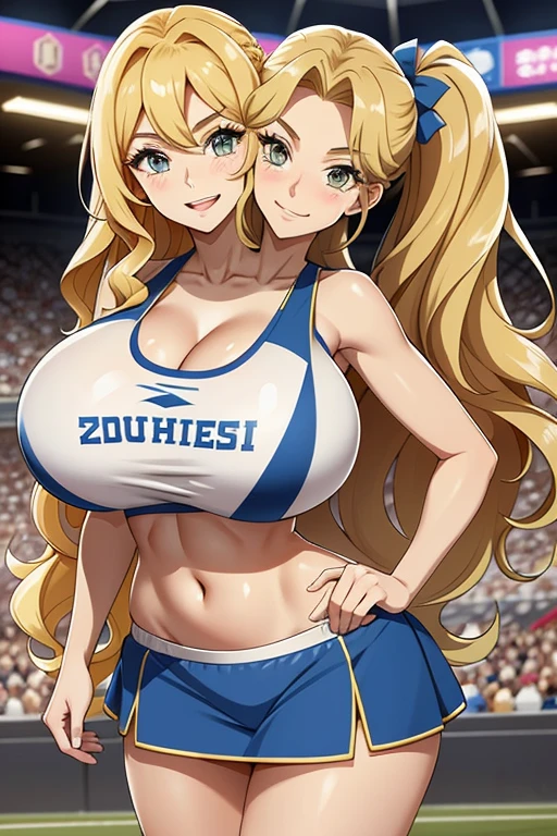 2heads, a tall woman with 2 heads. She is at a sports stadium. She is wearing a skimpy cheerleader outfit. Cleavage. She has long curly blonde hair in ponytails. She is cheerleading, holding pom-poms. Doing cheer performance. She is very tall and mature. She is happy and smiling. Motherly, milf. Enormous fat breasts, gigantic breasts. 