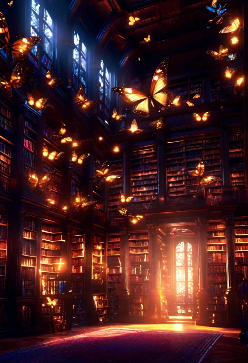 a charming dimly lit library filled with towering bookshelves and a glowing magical lighting effect from which amazing translucent butterflies emerge, detailed ornate architecture, intricate details, warm lighting, photorealistic, dramatic, cinematic, high quality, 8k, best quality