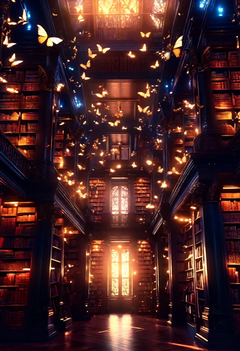 a charming dimly lit library filled with towering bookshelves and a glowing magical lighting effect from which amazing translucent butterflies emerge, detailed ornate architecture, intricate details, warm lighting, photorealistic, dramatic, cinematic, high quality, 8k, best quality