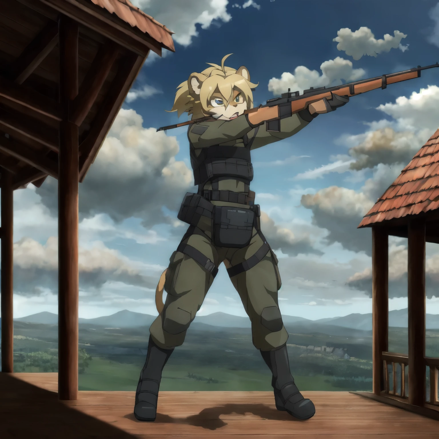 solo,
TanyavonDegurechaff,1littlegirl, furry girl, lion girl, anthro furry,
air_combat_mage,iron cross,front waist bag,
porch,
rifle,aiming,
full body,sky,cloud,previous,