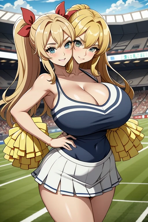 2heads, a tall woman with 2 heads. She is at a sports stadium. She is wearing a skimpy cheerleader outfit. Cleavage. She has long curly blonde hair in ponytails. She is cheerleading, holding pom-poms. Doing cheer performance. She is very tall and mature. She is happy and smiling. Motherly, milf. Enormous fat breasts, gigantic breasts. 