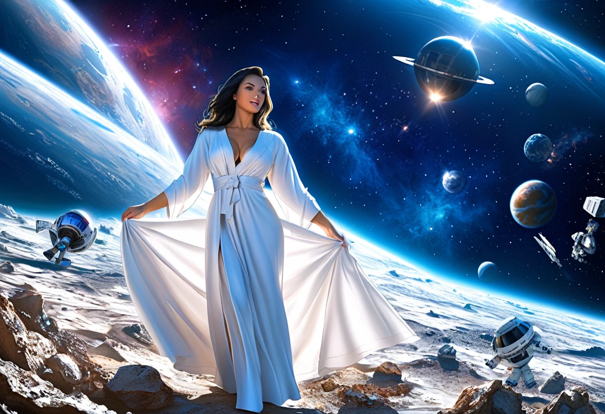 A captivating oil painting in the style of John William Waterhouse, depicting an android woman standing gracefully amidst a space station. The station is surrounded by celestial debris, adding a sense of mysticism and wonder. The android woman is adorned with a flowing white robe, her mechanical limbs gleaming in contrast. In the background, a starry cosmos stretches out, with planets and galaxies adding depth to the scene. This piece combines the beauty of classical art with the futuristic elements of space exploration.
