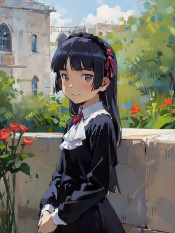 bichu, oil painting, impressionism, Secret Garden, Colorful tulips, Flowers picked by a girl, Bright smile, Oil painting style, (ruri gokou), One Girl, alone, Hime cut, Long Hair, Gothic ta, Loliashion, head band,