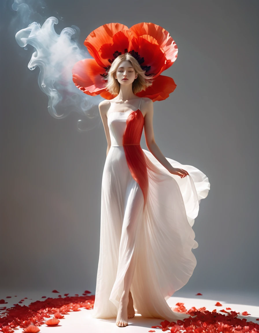  
full length, graceful figure, Beautiful legs, dance pose, brunette, Beautiful face,  light white tones, Esbian Full Body, White background, daylight, Efeito de Luz, minimalist, Solar, pure tenderness, soft lighting, Realism, woman, which (collarbone, shoulders) posing with his back (prays and stands) on a super-giant petal of a dark blue iris flower with double and long petals (petals made of thin, soft gauze cloth, full background of many flowing transparent blue petals, floating flower, in her hand there is a long stem above her head, huge giant blue iris flower, over her head,  Smoke effect, fog, mixed with blue iris petals), fluffy skirt made of blue iris flower petals,, ((ss-through)). ReV Animated