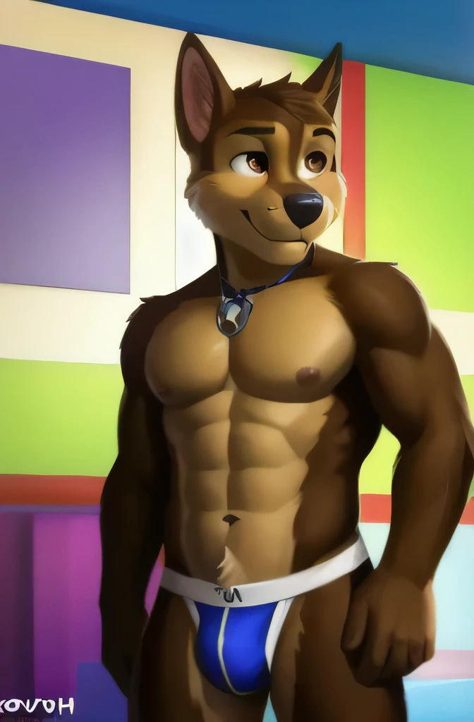 detailed fluffy fur texture, impasto impressionism, (by foxovh, ross tran, michael garmash, pino daeni, iskra), detailed eyes, highly detailed pupils, single, furry, anthro, Chase-pp, domestic dog, male, brown eyes, brown fur, light brown body, fur body, completely naked with colorful jockstrap, holding a condom, detailed texture of fluffy fur, curves, wide hips, furry inner ears, frontal, standing, colorful jockstrap, indoor background a sex shop, day, 1 adult, sexy smile, muscular, big pecs, big balls, sexy and muscular body