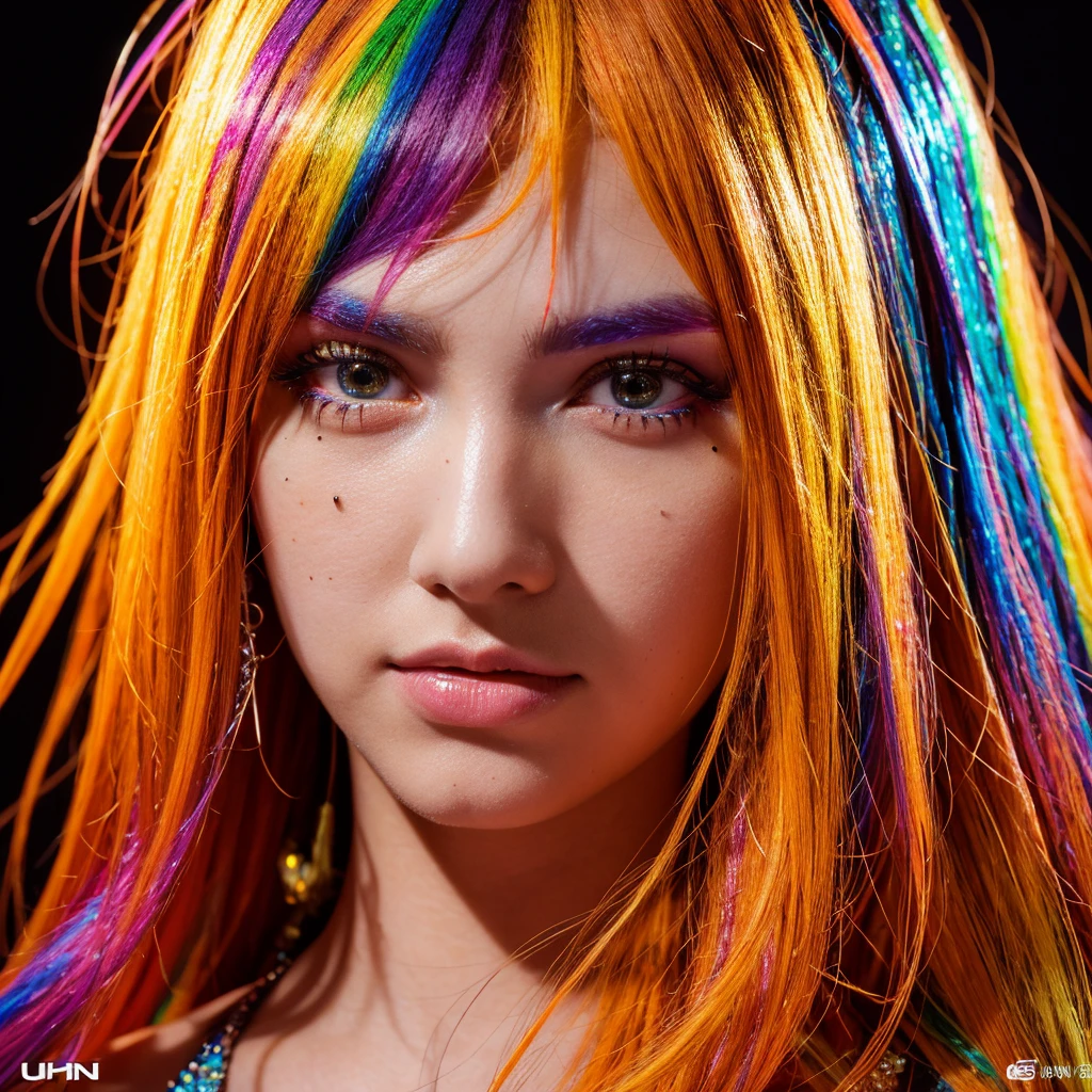 multicolored hair, gradient hair, carrot hair ornament, mole under eye, amber eyes, high detail, Verism, Hyperrealism, Contemporary art, cinematic lighting, sparkle, wide shot, f/1.2, best quality, award winning, 8k hd, super detail, UHD, 3D claymation style