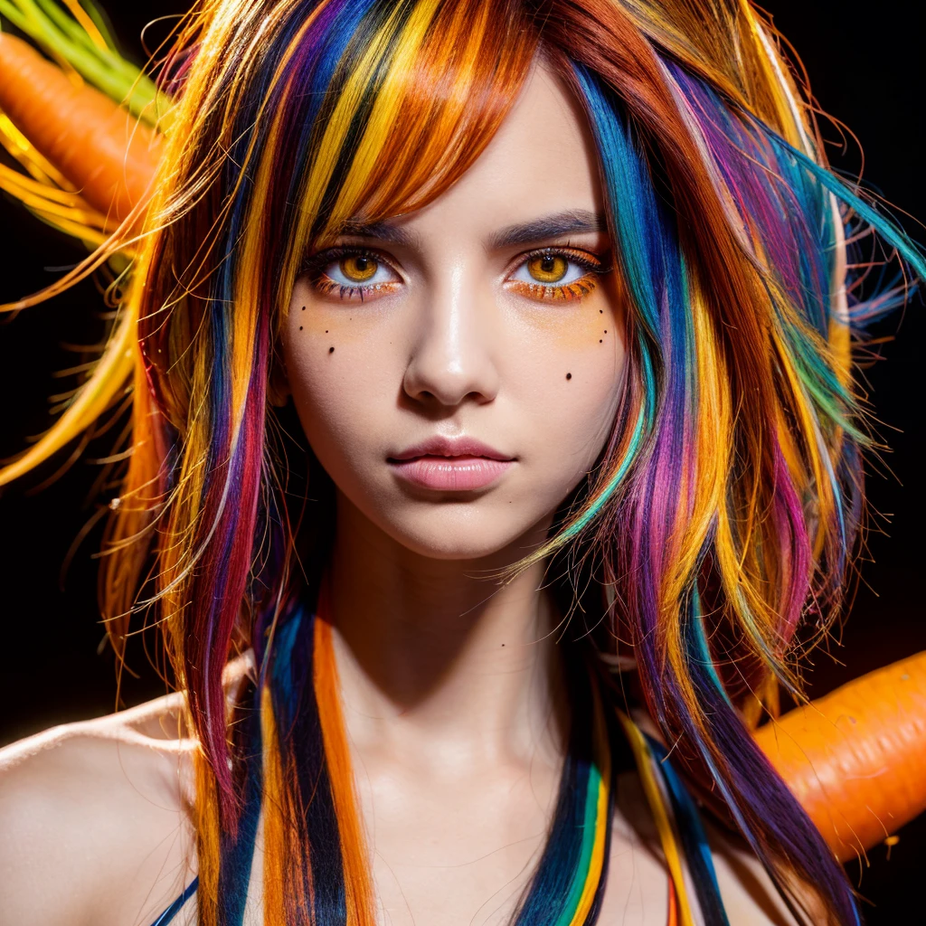 multicolored hair, gradient hair, carrot hair ornament, mole under eye, amber eyes, high detail, Verism, Hyperrealism, Contemporary art, cinematic lighting, sparkle, wide shot, f/1.2, best quality, award winning, 8k hd, super detail, UHD, 3D claymation style