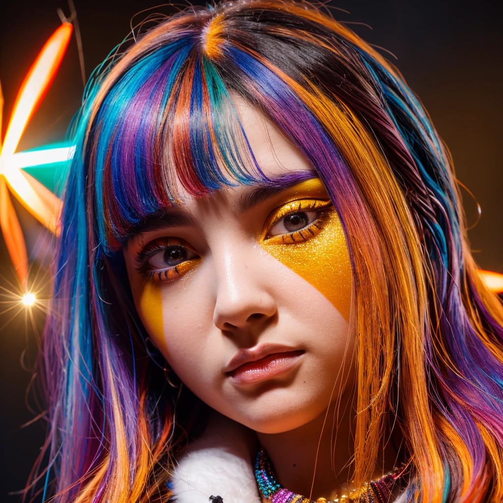 multicolored hair, gradient hair, carrot hair ornament, mole under eye, amber eyes, high detail, Verism, Hyperrealism, Contemporary art, cinematic lighting, sparkle, wide shot, f/1.2, best quality, award winning, 8k hd, super detail, UHD, 3D claymation style