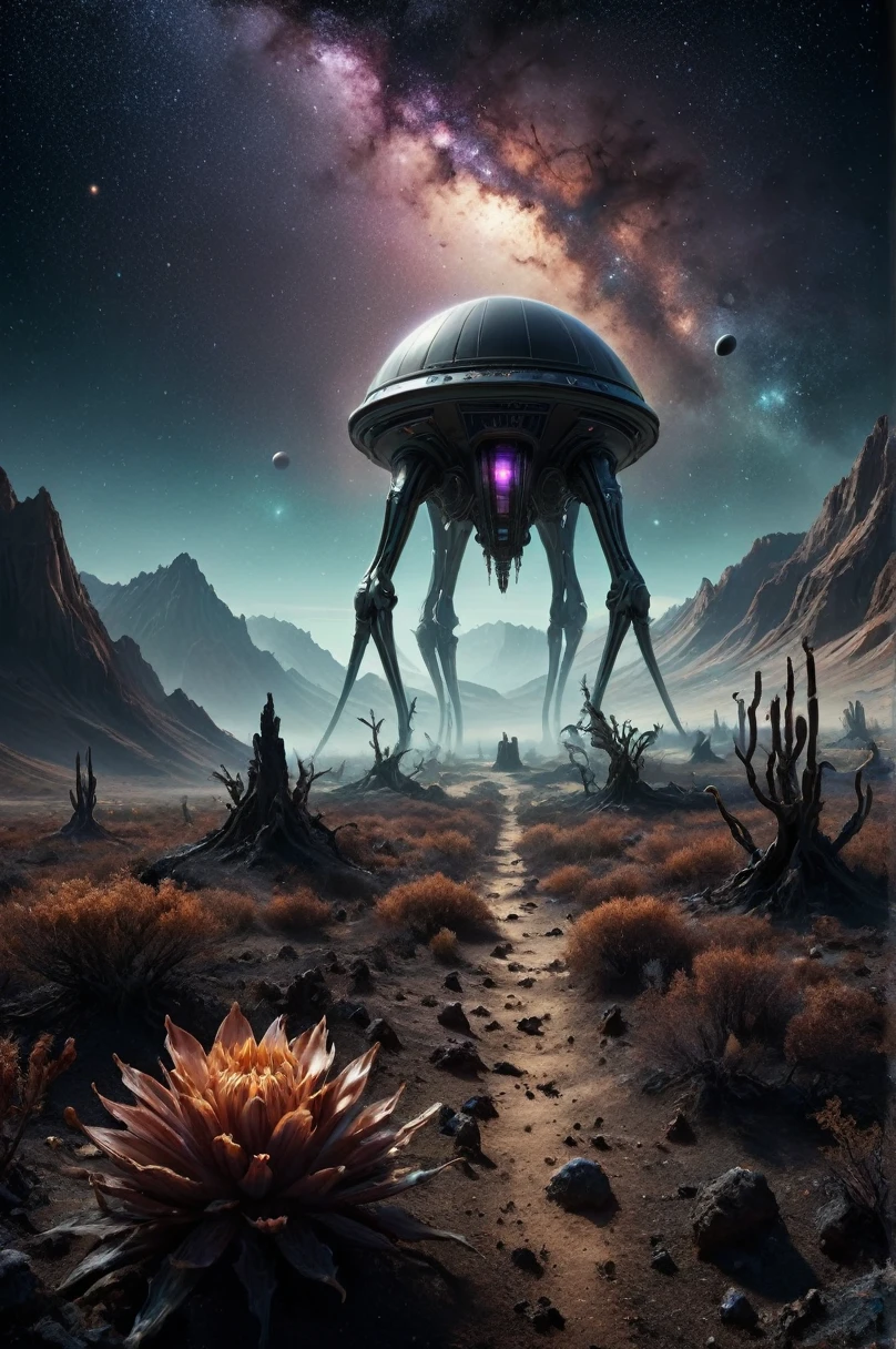 ais-darkpartz ghosts, An eerie scene on a distant, alien planet with bizarre flora and landscapes. At the crest of a rolling, otherworldly hill, a small, futuristic landing capsule has just touched down, its design sleek and advanced, yet clearly damaged from its journey. Surrounding this hill are ghostly figures of alien origin, ethereal and translucent, with peculiar shapes and glowing eyes, silently observing the capsule. These alien spirits emit a faint, luminous glow, casting an otherworldly light on the strange, alien vegetation that thrives in this environment. The sky above is a tapestry of unfamiliar constellations and nebulae, adding to the sense of alien wonder. The entire scene is depicted in an ultra-fine digital painting style, blending a sense of desolation and eerie beauty, reminiscent of a Victorian-style observatory, but transformed into a haunting, celestial spectacle on this remote planet masterpiece, best quality, ultra high res, (photorealistic, realistic:1.2), deep shadow, raw photo, film grain, Fujifilm XT3, 8k uhd, dslr
