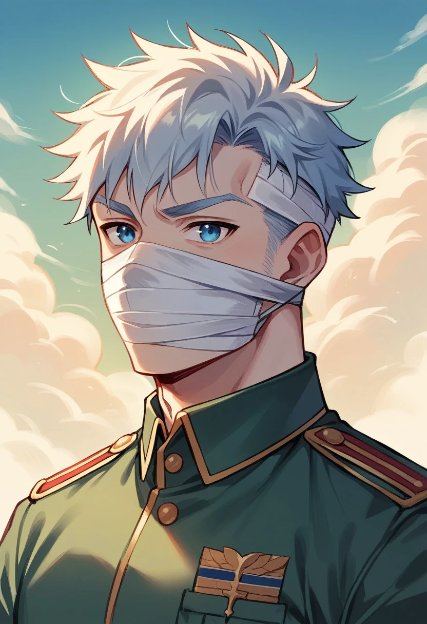 A boy who has white and messy hair, your white skin sensitive to the sun, was hairless, big sky blue eyes, He has a mask that covers the lower part of his face, including your nose and mouth, and has muscle definition, He has bandages that cover both forearms of his arms, high, with a large build he measures 1.94cm, He is dressed in a military uniform.