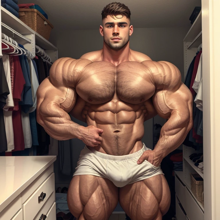 a young and very handsome man, shirtless, extremely handsome, very handsome and extremely handsome face, short hair, mid fade haircut, massively muscular, with massively large muscles, with massively large biceps and arms, with his hand on belly, in a closet