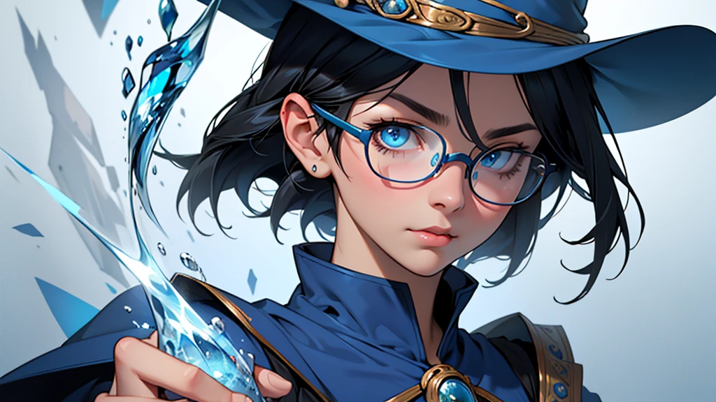 4k ultra high quality, human woman, sharp blue eyes, round face, small slightly upturned nose, curious expression, shoulder length blue-black hair, wearing modest blue dress, wearing an oversized blue wizard hat with a big very large rim fully visible in the image, wearing spectacles, no hands visible, bust to tip of hat