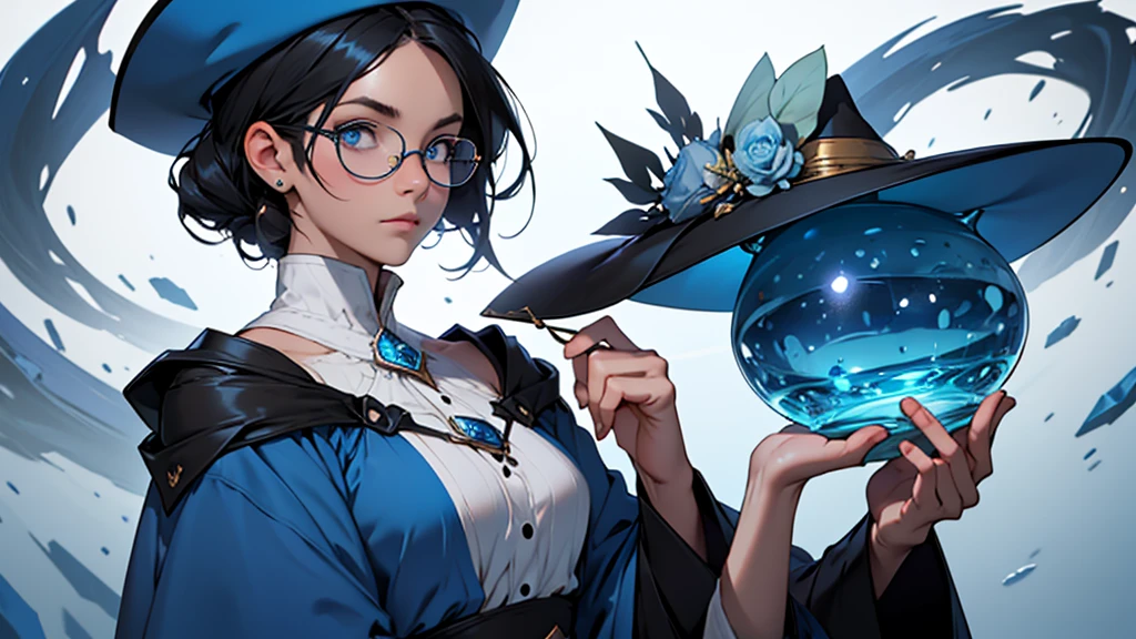 4k ultra high quality, human woman, sharp blue eyes, round face, small slightly upturned nose, curious expression, shoulder length blue-black hair, wearing modest blue dress, wearing an oversized blue wizard hat with a big very large rim fully visible in the image, wearing spectacles, no hands visible, bust to tip of hat