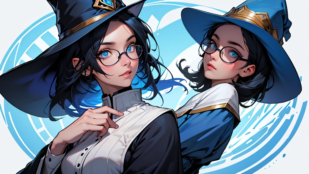4k ultra high quality, human woman, sharp blue eyes, round face, small slightly upturned nose, curious expression, shoulder length blue-black hair, wearing modest blue dress, wearing an oversized blue wizard hat with a big very large rim fully visible in the image, wearing spectacles, no hands visible, bust to tip of hat