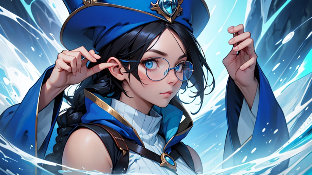 4k ultra high quality, human woman, sharp blue eyes, round face, small slightly upturned nose, curious expression, shoulder length blue-black hair, wearing modest blue dress, wearing an oversized blue wizard hat with a big very large rim fully visible in the image, wearing spectacles, no hands visible, bust to tip of hat