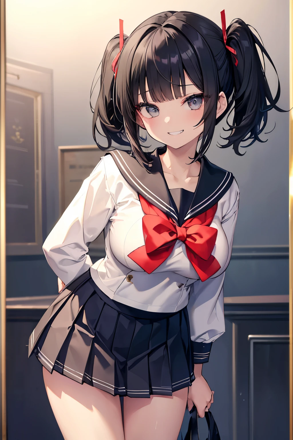 (8k、Highest quality、highest quality、masterpiece)、Detailed face、One girl、 Black Hair、short hair、twintails、blunt bangs、Grey Eyes、evil smile、((Grin))、super big breasts、((Sailor suit))、((Pleated skirt))、Cowboy Shot、((bent over))、Men's restroom、Very large breasts、Nipples are visible