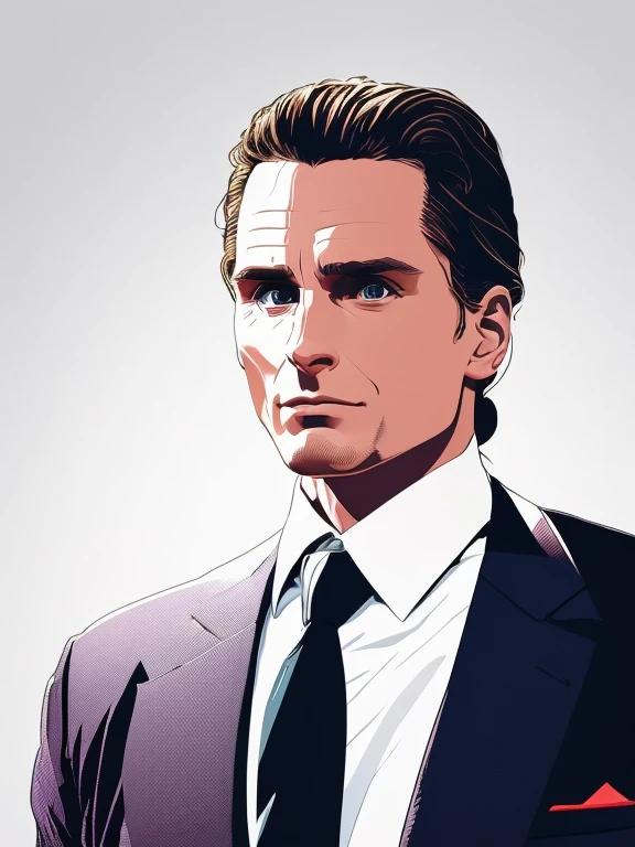 T-shirt design, close-up of a man in a suit making a face, Patrick Bateman, in American Psycho (1999), in American Psycho (1999), Patrick Bateman, in American Psycho, American Psycho, in the film Hard Target (1993), Christian Bale, Liam Neeson as burl gage, Liam Neeson, smug smile, white background, white t-shirt design. smooth lines, vector sticker art
