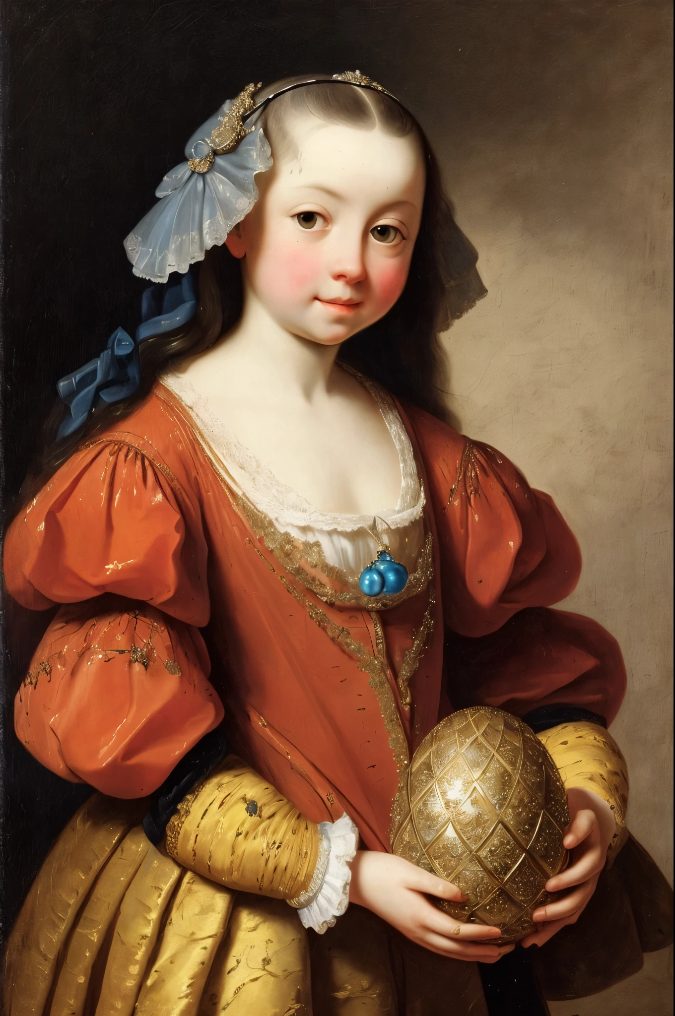 Girl with Faberge egg in hand, correct details, 17th century, ((nicolaes maes detailing)), ((best quality)), ((masterpiece)), ((realistic)), (extreme detailing), ((nicolaes maes style))