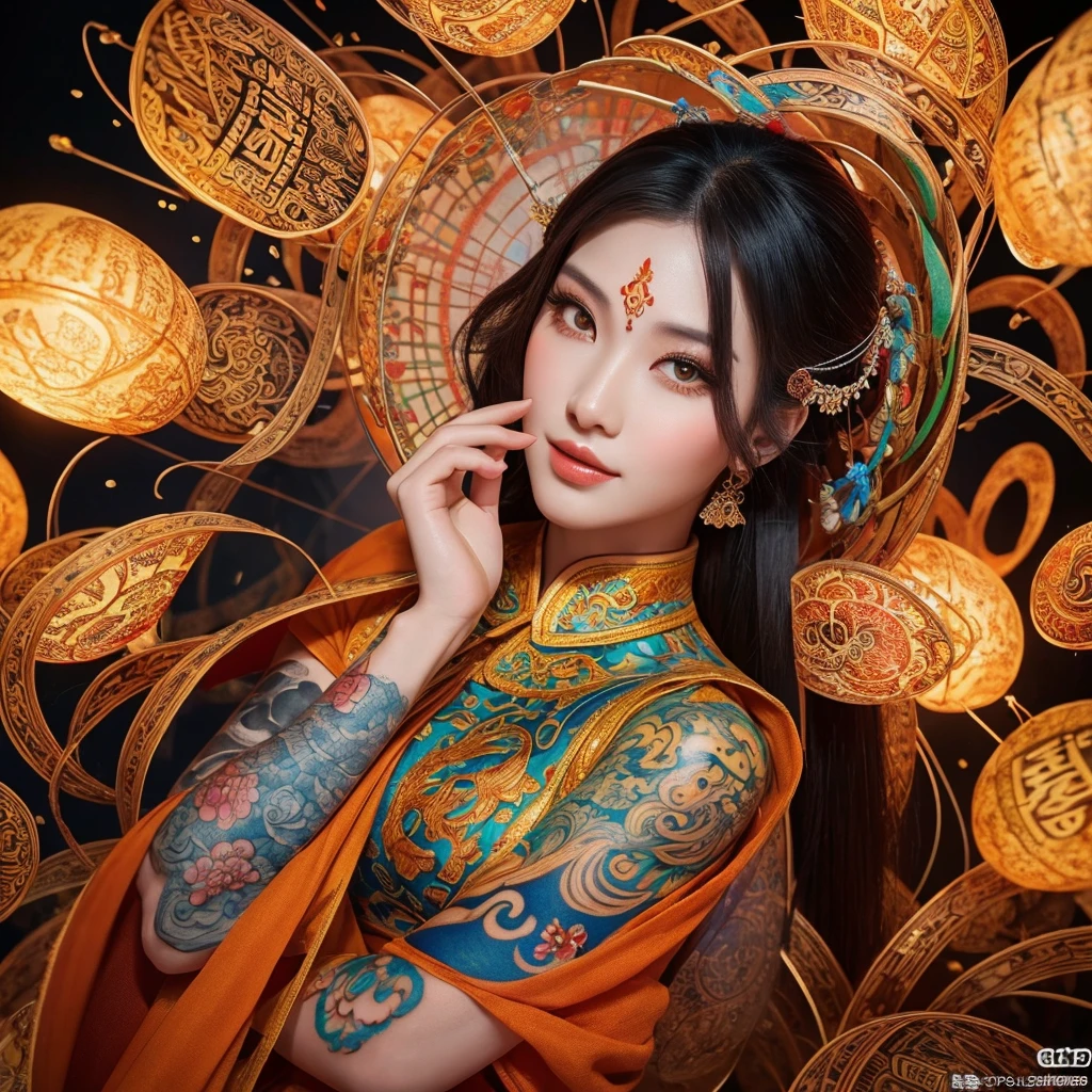 An ancient Chinese beauty, charming temperament, flowing long skirt, clear face, beautiful eyes, osmanthus surrounding, perfect body structure proportional masterpiece, super detailed, epic composition, color tattoo art, new traditional tattoo art, SD tattoo design, color tattoo art, mysterious warm and friendly atmosphere, hyper-realistic painting, super 8k HD, high quality, highest quality, 32k --v 6, 3D claymation style