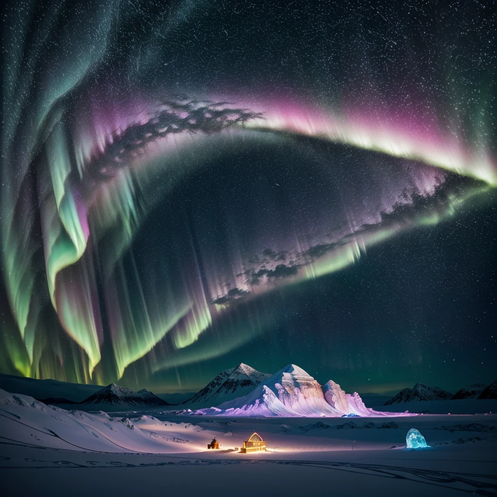 hyperrealistic drawing, with lines measuring distance between lines and curves of the object in question.An icy desert with constant aurora borealis and glowing ice caves, right side with RASO logo with golden letters in liquid gold style, smooth, detailed contours, Background transparent., base da imagem com Subtle Bokeh: Bokeh effect with points of light on a soft background, like blue or pink., Doninha frame.