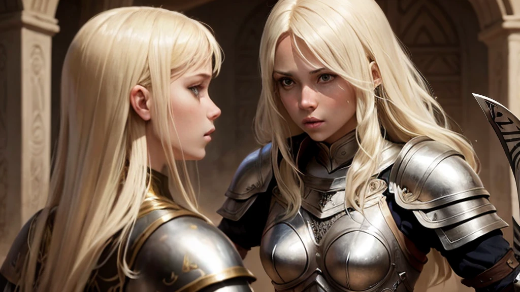 Blond girls white Womans. In armor Womans in african . Sword Fight Womans african