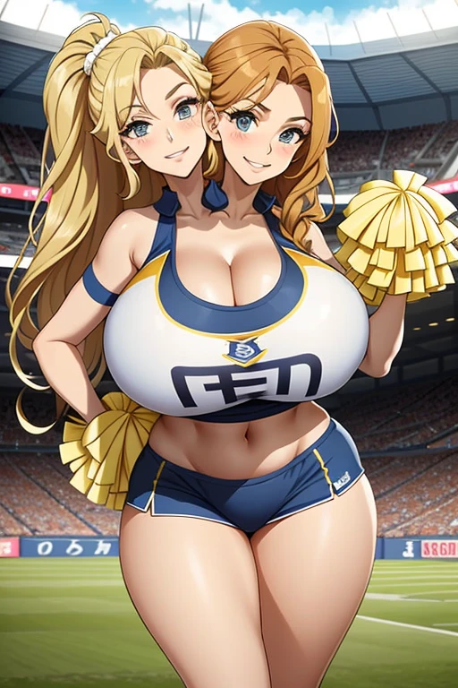 (8k, RAW photo, best quality, masterpiece:1.2),((3girls group, gigantic breasts:1.8,)) smile, cheerleader costume, ((breasts out,nipples,))((cleavage,camel toe,upskirt,))(((vullgality,pussy  juice))), looking at viewer, cheerleading for me,