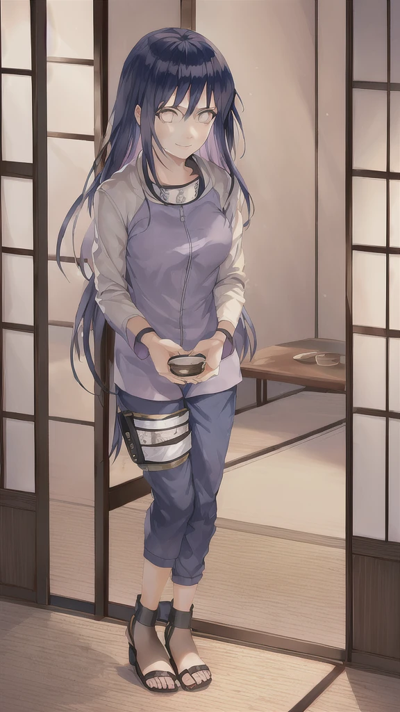 1 girl, solo, Young, hinata (lora:naruto:shippuden), Polный рост, long hair, purple hair, white eyes, byakugan, smile, modest face, bright skin, put on, Jacket, gray t-shirt, mesh t shirt, bandage , on hand, dark blue pants, wear, black leather sandals, open sandals, sit, hands to knees,
check, a lot of detail, 8k, ultra quality, ((High quality, bestest quality, 8k)),
room, quiet environment, japanese room style, Pol, door, low table, kettle, cup, vase with Flowers,