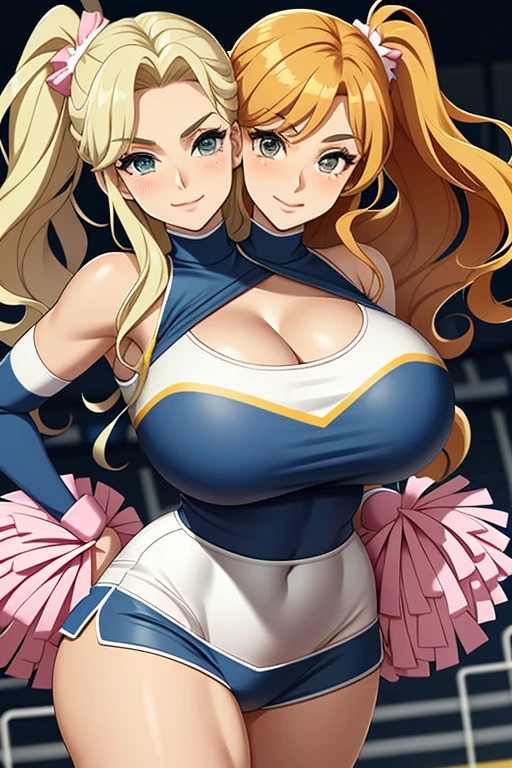 2heads, a tall woman with 2 heads. She is at a sports stadium. She is wearing a skimpy cheerleader outfit. Cleavage. She has long curly blonde hair in ponytails. She is cheerleading, holding pom-poms. Doing cheer performance. Arms in air. She is very tall and mature. She is happy and smiling. Motherly, milf. Enormous fat breasts, gigantic breasts. 