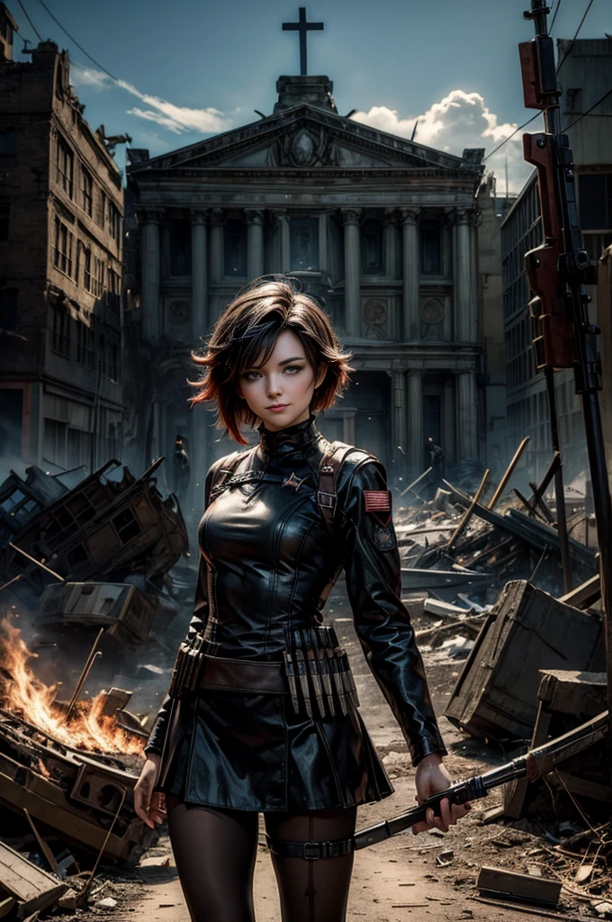 (masterpiece, best quality:1.2), cowboy shot, solo, dynamic pose, ruby rose, looking at viewer, smile, military uniform,  pantyhose, standing outside wrecked church, rubble on ground, next to river , bonfire, crowd, (crowd in military uniforms) night, stars, post-apocalypse, dystopian future 