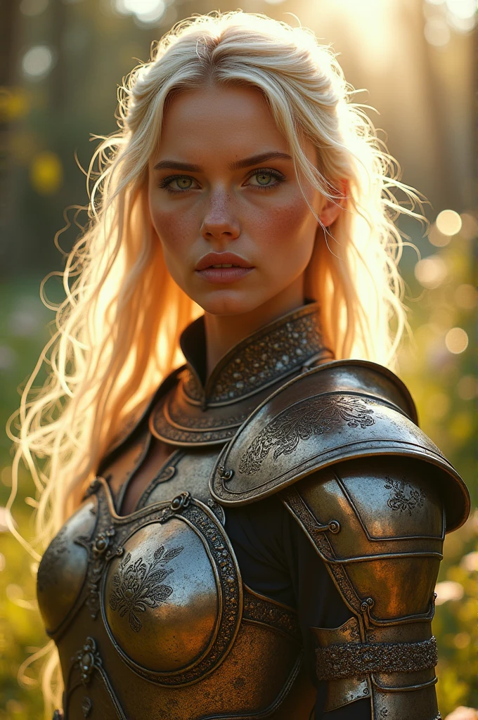 head of'artwork, a pretty woman, sparkling eyes, cheveux blonds, broad shoulders, corps fort, highly detailed pale skin with light freckles, Highly detailed filigree armor, dehors, (Texture de la peau:1.1), best quality, ultra haute résolution, photo brute, Nikon D850, backlight, rim light, dazzling sunlight, grain de film:1.2, (warm hue, ton chaud:1.2), (photo couleur), fantasy landscape background