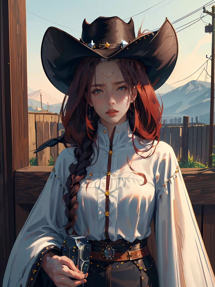 Long dark red hair, dark brown eyes, gloss lips, front look, close up, portrait, beautiful eyes, wearing a male white suit, big white, curly hair cut, clear skin, young 30 years girl, adult girl, solo, very long hair, ankle length hair, handsome older WOMAN,Hyperresolution,accuracy,Detailed rendering,(Image of fine hair)(topquality)(Masterpieces of masters)(High degree of completeness)(A sense of atmosphere)tmasterpiece,Super detailed and super detailed(((half-body portrait)))(((Older woman))) (((Western girl))), (((Cowgirl))) (((Gunslinger)))(((Better hands)))(((Black outfit)))(((Dark brown eyes)))(((Ankle length hair)))(((Black horse)))(((Wild West))(((No hat)))