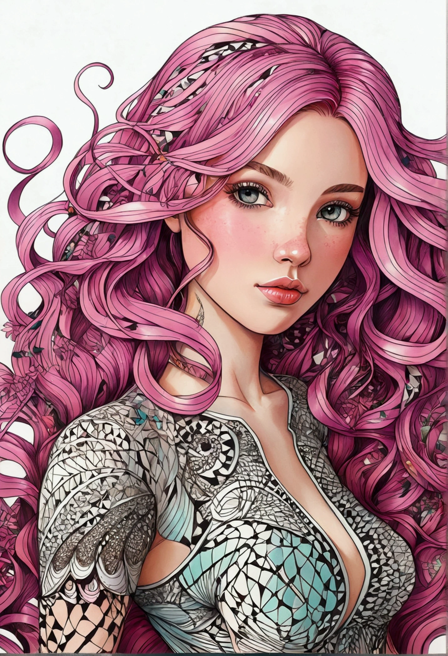 ((masterpiece:1.2, best quality)), ultra detailed, Ultra-precise depiction, Ultra-detailed depiction, (zentangle:1.2), (dynamic pose), (abstract background:1.5), wavy long hair, pink hair, 1girl, colorful, portrait, (from above:1.2)